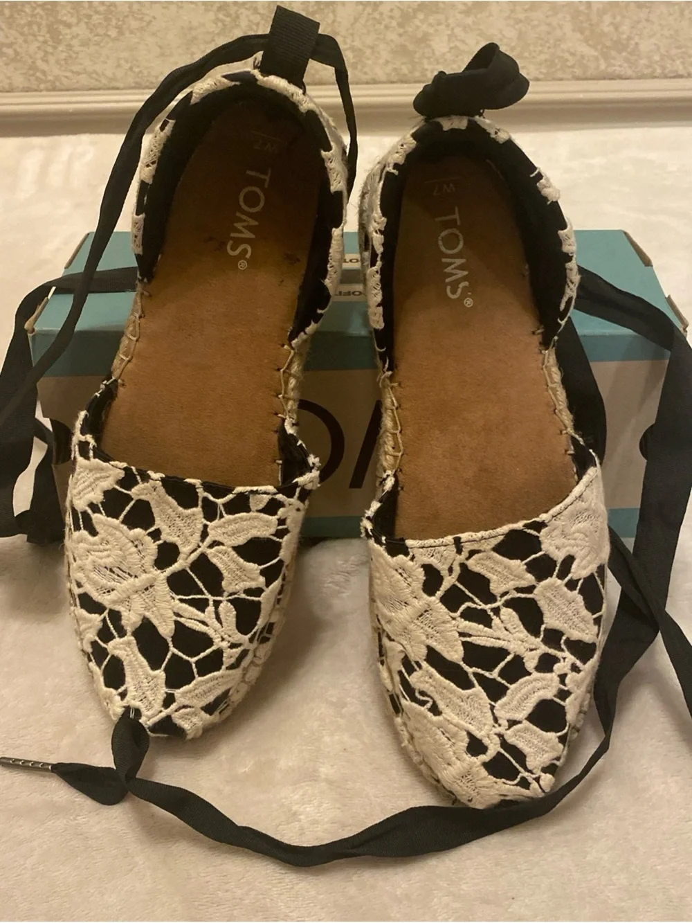Toms Katalina Black and Ivory Crochet Floral Lace Ankle Tie Espadrilles